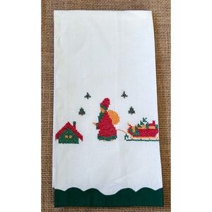 Vintage Santa Claus Delivering Toys Christmas Fingertip Tea Towel Embroidered